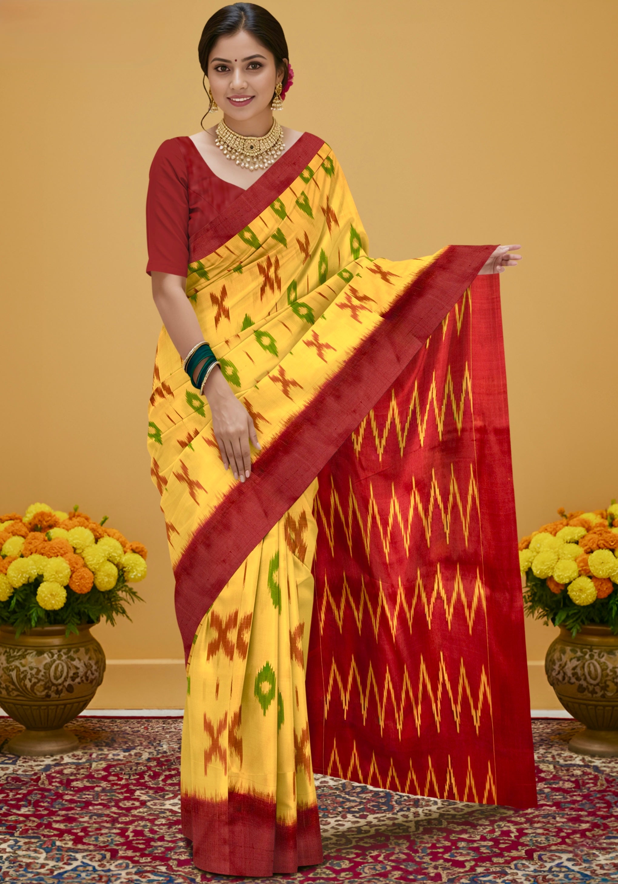 Pure Pochampally weaving silk saree in mustard without Blouse
