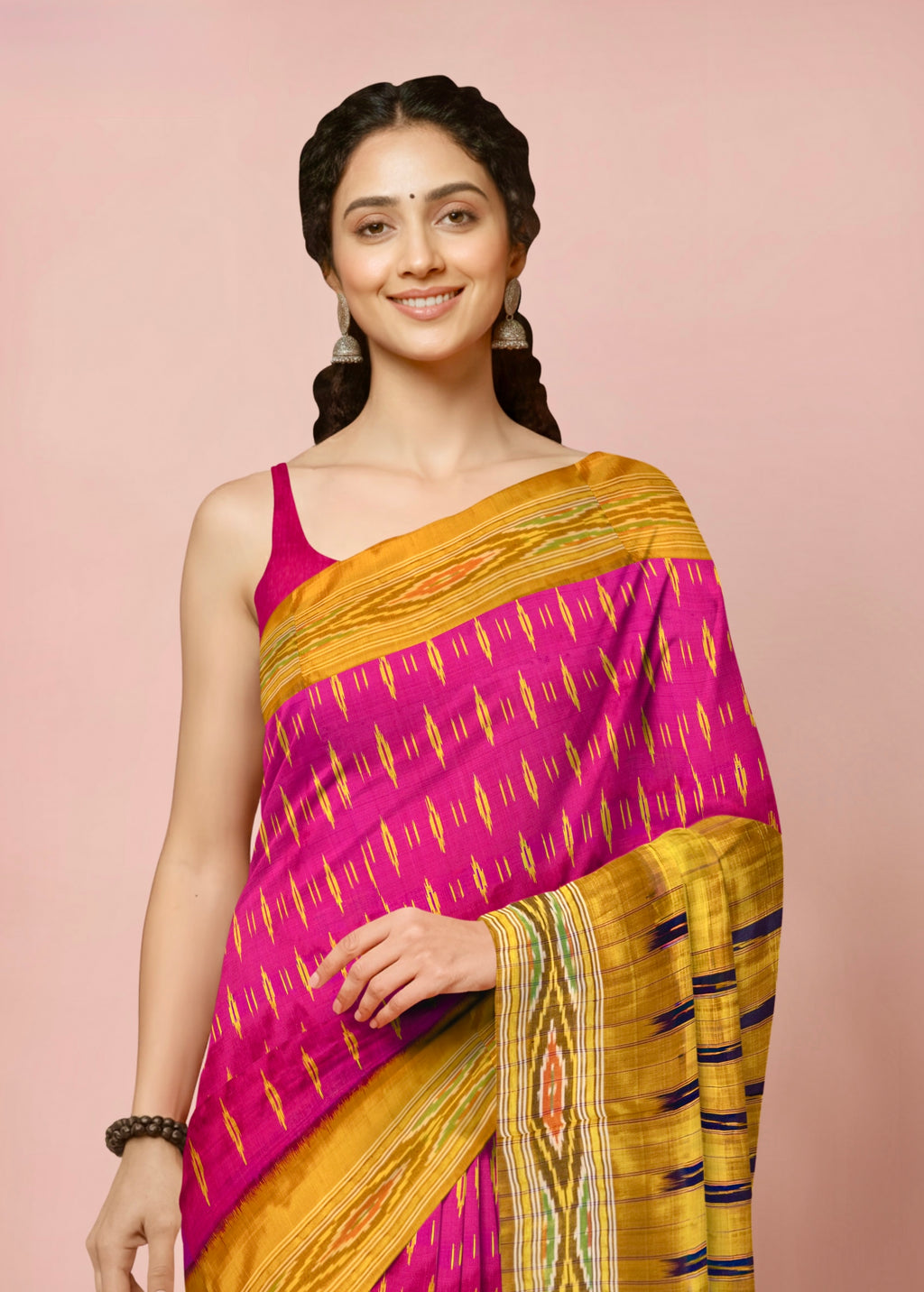 Pure Pochampally weaving silk saree in Pink without Blouse