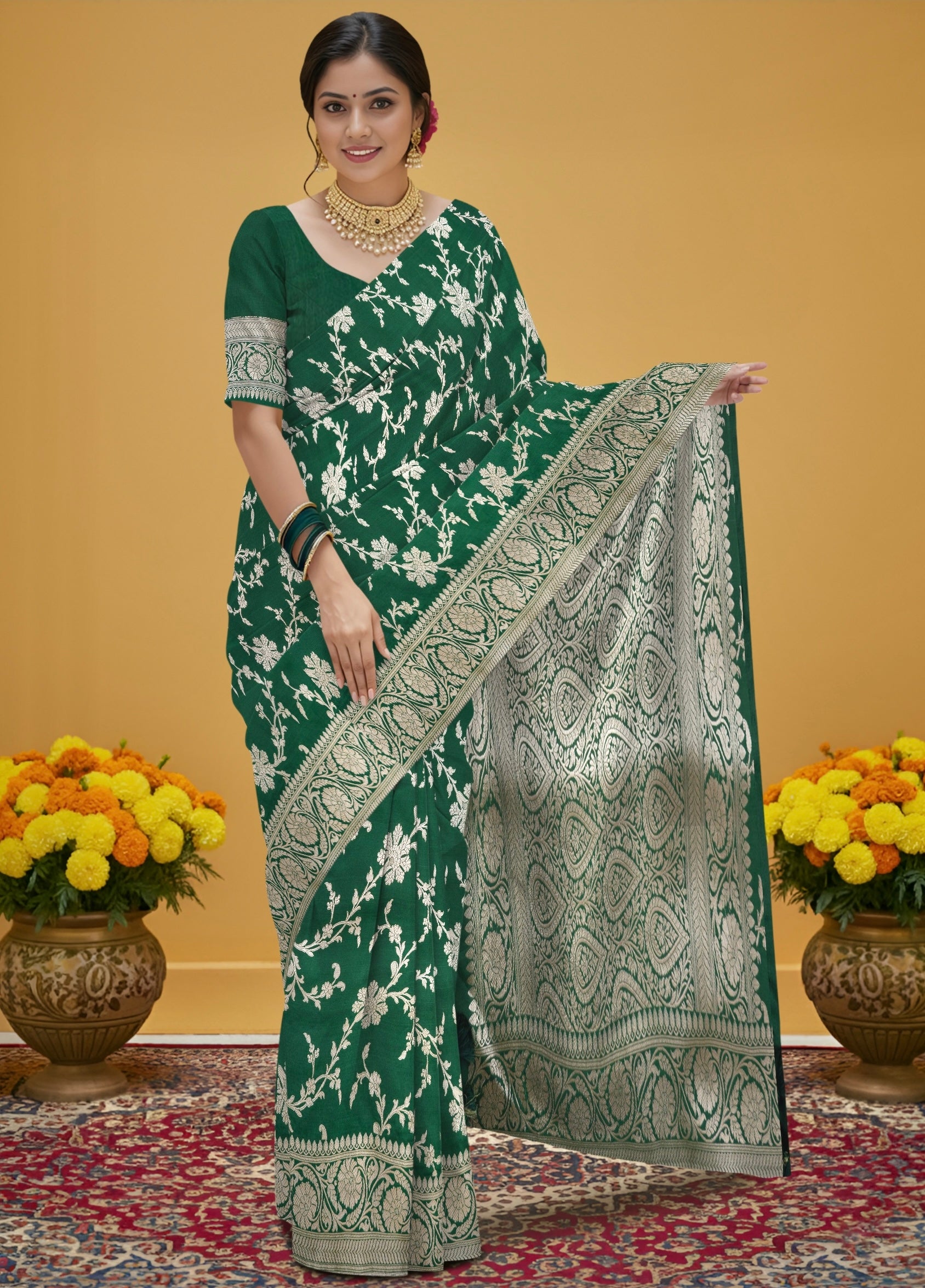 Pure Banarasi Katan Silk Saree in Deep Bottle Green with Multicolor Floral Zari & Grand Zari Pallu