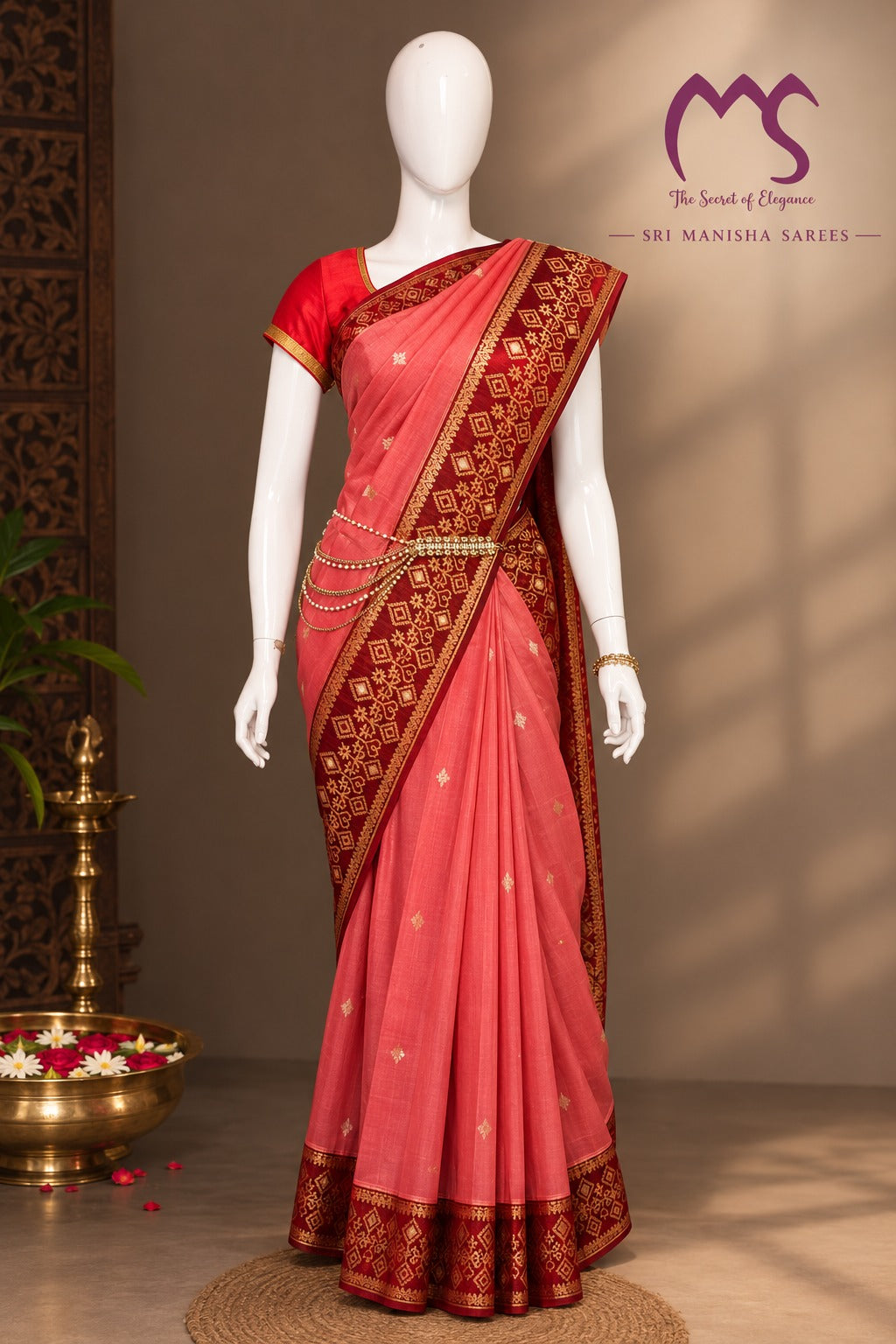 Pink Banarasi Handloom Silk Saree with Ikat Border — Maroon Contrast Pallu & Designer Blouse