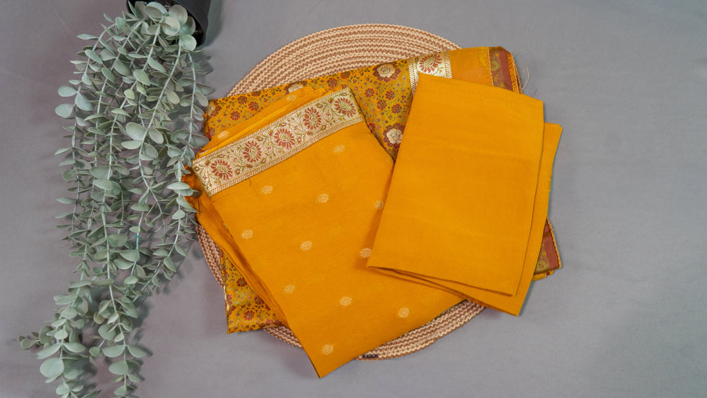 Mustard Pure Silk Fancy Dress Material – Elegant Weaving Design Unstitched Suit